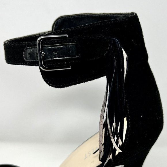 Nine West Ammazo Black Faux Suede Ankle Strap Fringe Accent 4” Heels Size 10M - Picture 9 of 13